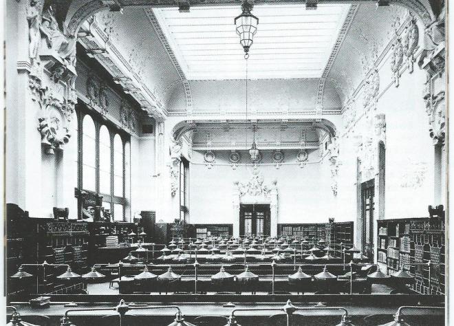 Historische leeszaal van de universiteitsbibliotheek Heidelberg in 1905