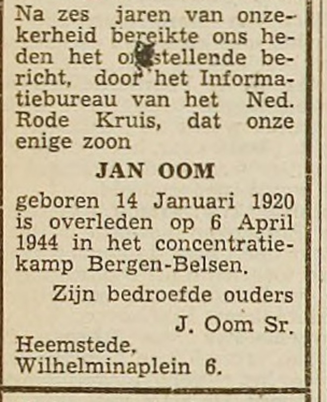 Overlijdensadvertentie Jan OOm, uit: Haarlems Dagblad van 25-11-1949.