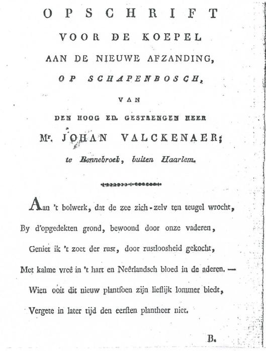 Opschrift voor de koepel op Schapenbosch van mr. Johan Valckenaer, gedicht door diens vriend Willem Bilderdijk
