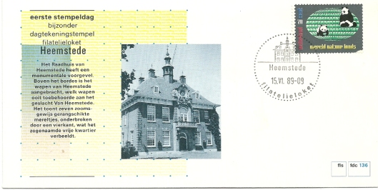Eerste stempeldag filatelieloket Heemstede, 15 juni 1989 met op enveloppe een afbeelding van het raadhuis Heemstede