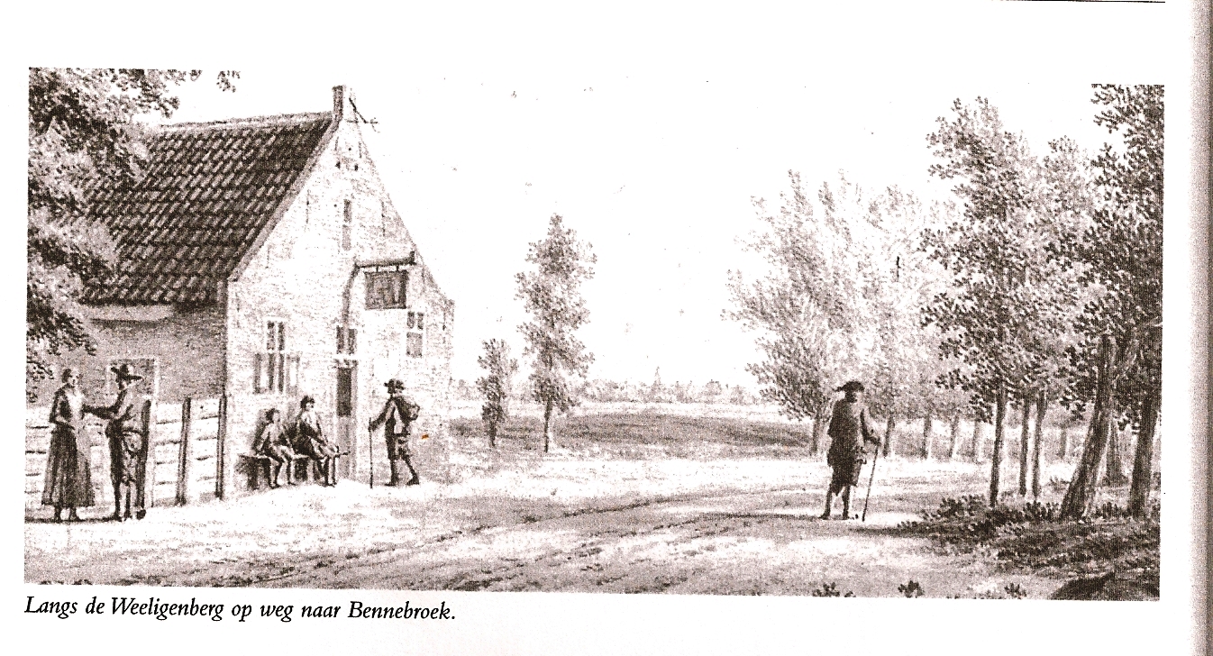 Tekening: langs de Weeligenberg (Hillegom) op weg naar Bennebroek