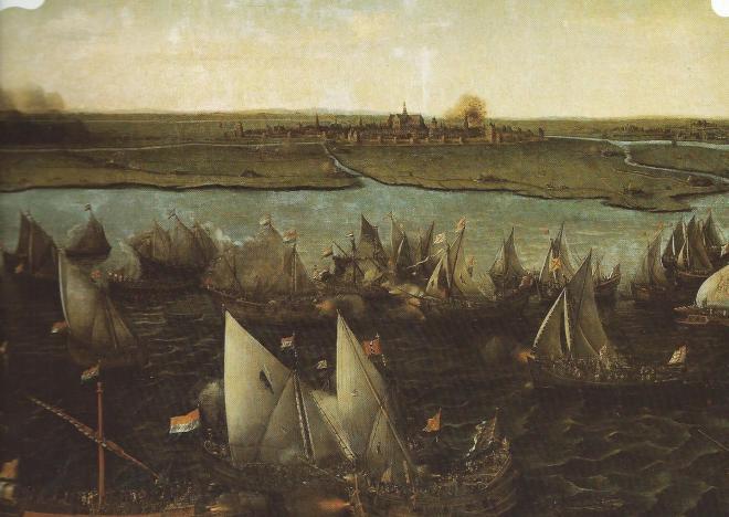 Gezicht op Haarlem vanaf het Haarlemmermeer waar 29 maart 1575 een 'zeeslag' plaatshad tussen de Hollandse en Spaanse vloot. In opdracht van het stadsbestuur maakte H.C.Vroom een schilderij van dit historische tafereel (Rijksmuseum Amsterdam)