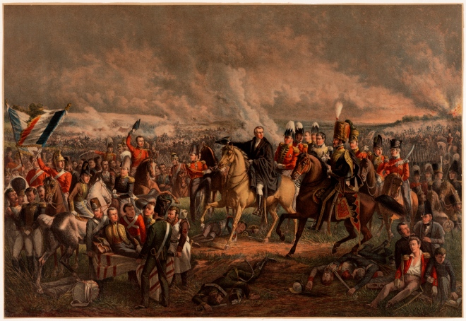 Litho uit 1850 naar het schilderij van J.W.Pieneman; 'De slag van Waterloo 18 juni 1815' in het Rijksmuseum. Te paard in het midden de hertog van Wellington. Links wordt de gewonde prins van Oranje weggedragen. Helemaal rechts staande naast de man te paard met Sabel (=kolonel Colborn) zien we v.l.n.r. generaal J.B.van Merlen, generaal Wood, generaal Chassé en luitenant-kolonel Tielen