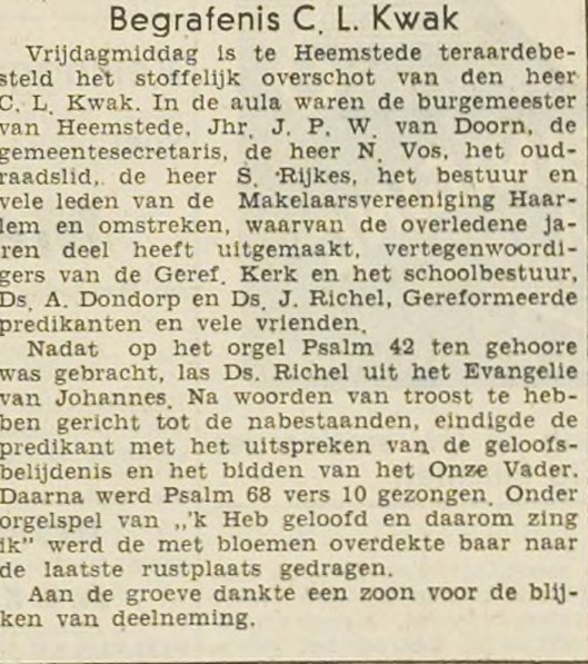 Bericht begrafenis C.L.Kwak, Haarlem's Dagblad 15 maart 1947