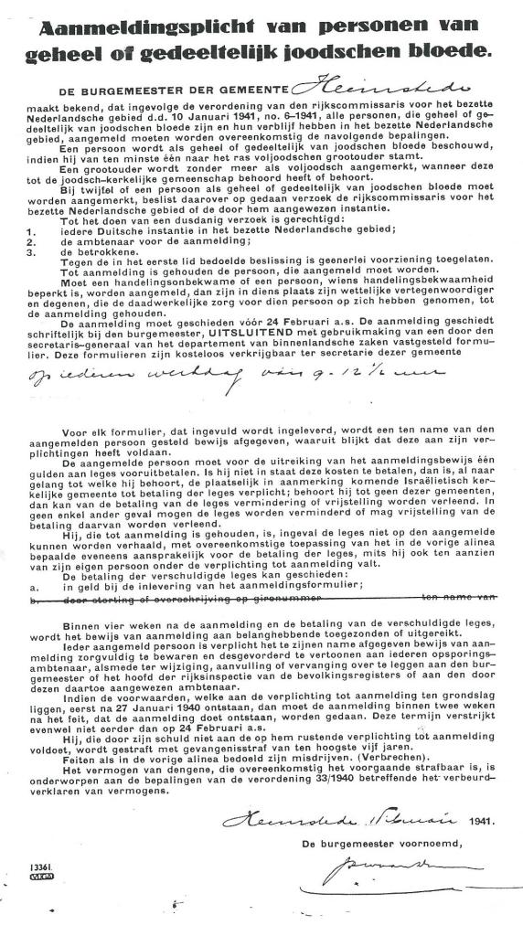 Aanmeldingsplichtcirculaire die alle personen uit Heemstede van gehele of gedeeltelijk joodse bloed in februari 1941 ontvingen van de gemeente.