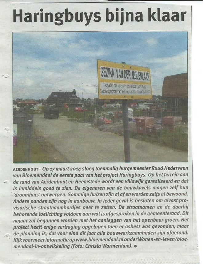 P{rovisioneel straatnaambord: Gezine van der Molenlaan in Aerdenhout, gem. Bloemendaal (Bericht uit Heemsteedse Courant van 3 september 2015)
