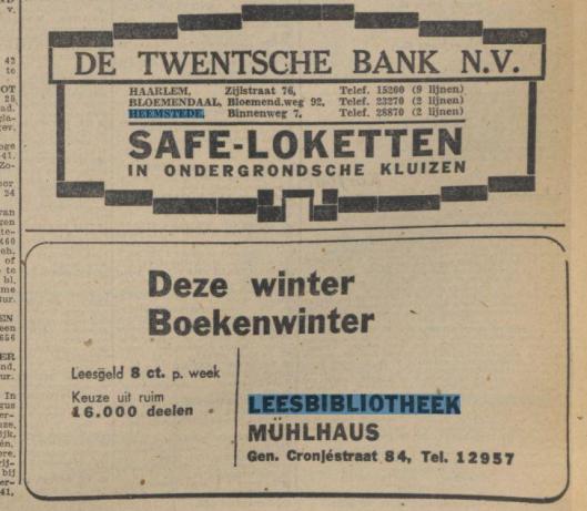 Leesbibliotheek Mühlhaus, Generaal Cronjéstraat 84, Haarlem [Uit Haarlem's Dagblad van 30-12-1943]