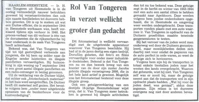 Rol Van Tongeren in verzet wellicht groter dan gedacht. Uit: Haarlems Dagblad