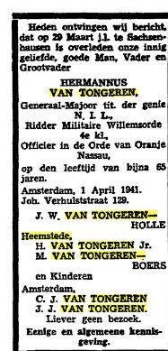 Overlijdensbericht Hermannus van Tongeren sr. Uit: Het Vaderland van 2 april 1941.