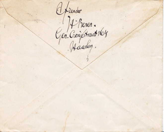 Enveloppe Rijnlandsche Academie, geschreven door Harry Prenen