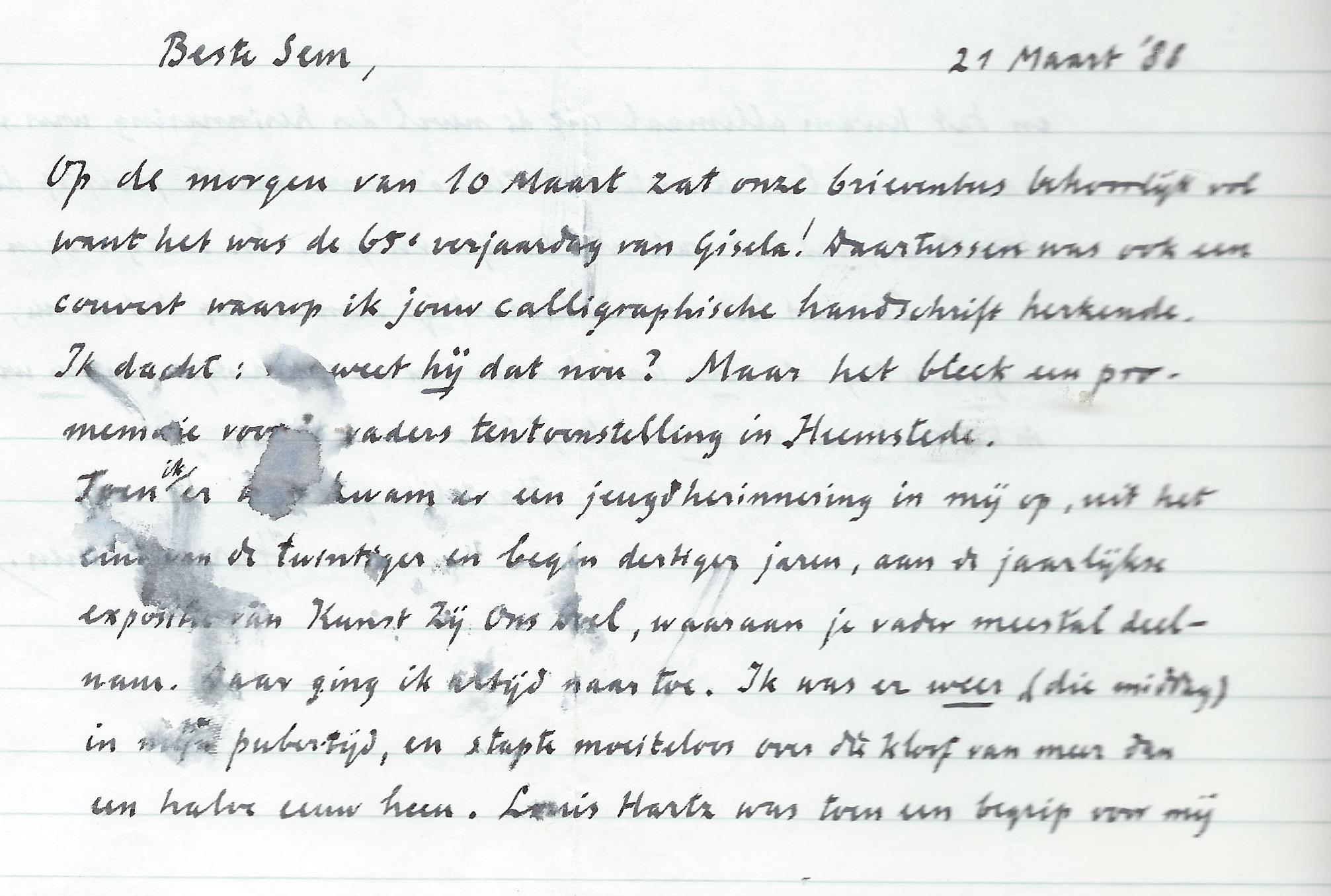 Brief van Harry Prenen aan graficus Sem Hartz, 21 maart 1988