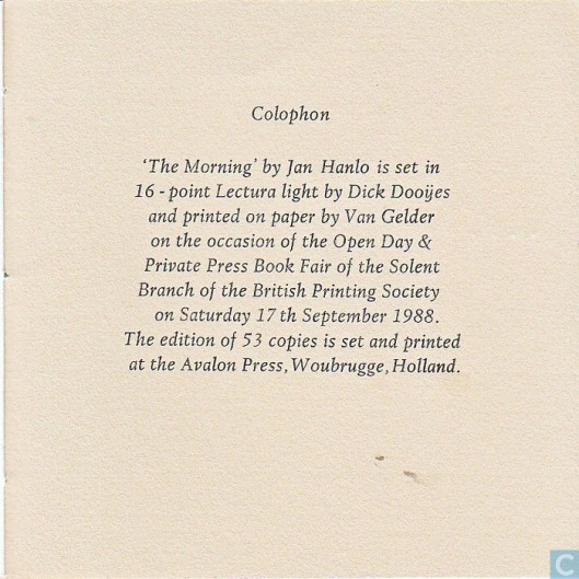Colofon 'The Morning' Woubrugge, Avalon pers, 1988.
