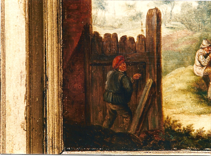 David Teniers: nog een detail uit het paneel van een plassende boer achter de schutting