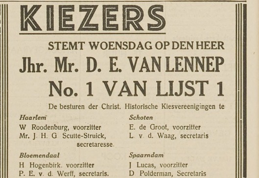 Advertentie met opwekking om op D.E.van Lennep te stemmen. Uit: Haarlem's Dagblad van 18 april 1931