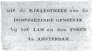 exlibris bibliotheek Doopsgezinde Gemeente bij het Lam en den Toren, Amsterdam