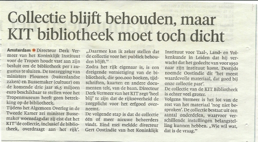 Bericht over sluiting KIT bibliotheek uit Haarlems Dagblad van 21 juni 2013