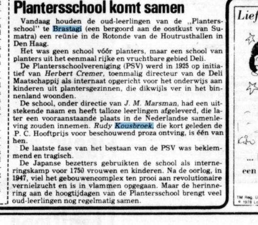 Reünie van oud-leerlingen van de Plantersschool. Uit: De Telegraaf van 28 oktober 1978