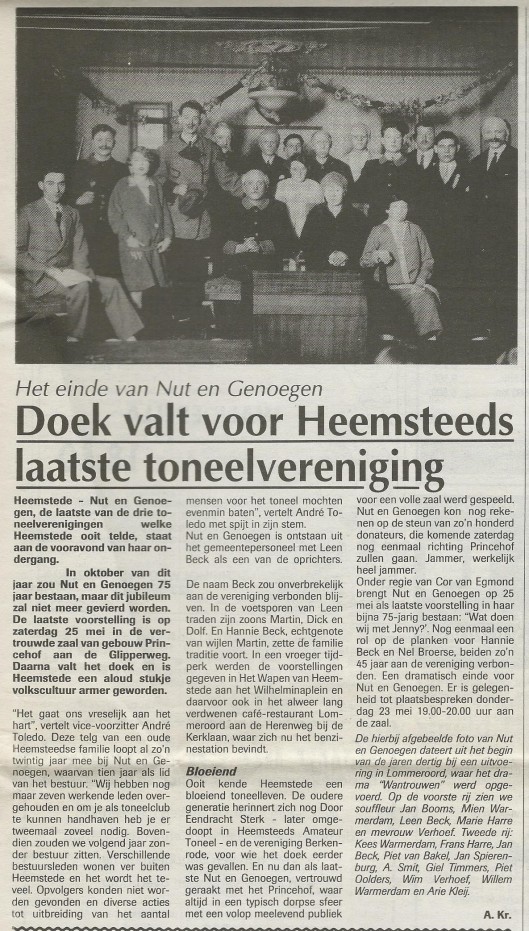 Oktober 1996 viel het doek voor 'Nut en Genoegen' Uit: de Heemsteder van 22 mei 1996