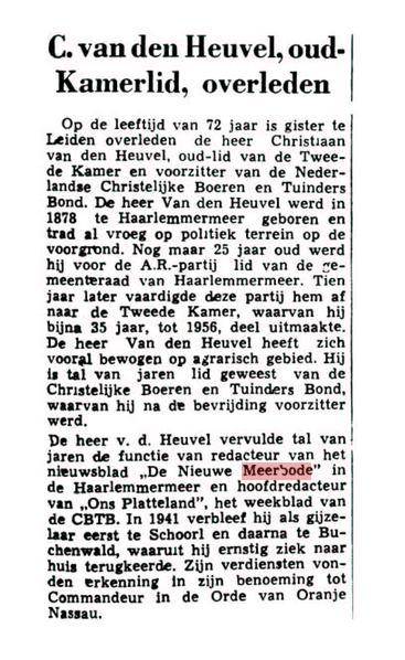 Bericht van overlijden Chris van den Heuvel uit de Leeuwarder Courant van 3 maart 1959