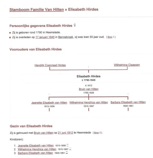 Fragmentgenealogie Bruin van Hilten x Elisabeth Hirdes. Uit: Genealogie Online.