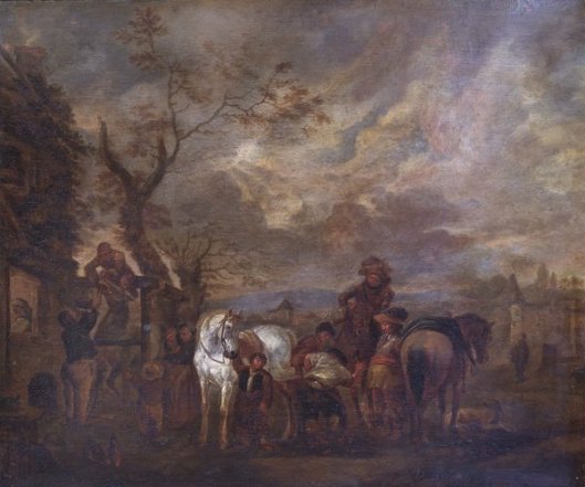 Landelijke scène met personen en paarden. Naar Wouwerman. Leamington Art Gallery & Museum