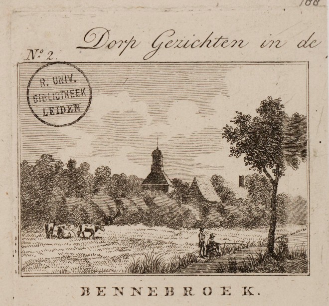 Gravure Bennebroek met kerk op de achtergrond. Uitgave van Hendrik Moolenijzer, circa 1810.