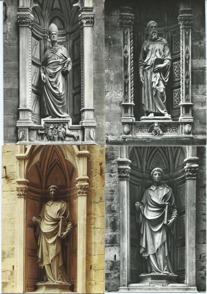 Florence, Chiesa di Orsammichele. Linksboven St. Eligius, rechtsboven St.Marcus, onder St.Stefanus