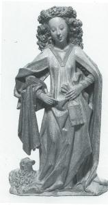 Kalkstenen beeld van de heilige Agnes uit de tweede helft van de 15e eeuw, gemaakt in Utrecht. Agnes die de marteldood stierf in Rome tijdens de Romeinse christenvervolgingen draagt een bijbel in een foedraal