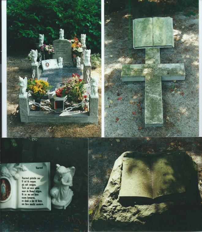 Enkele graven met een boekvorm op de Begraafplaats Heemstede. Linksboven en linksonder graf van Sophia Grunholz; rechtsboven een Latijns kruis en opengeslagen boek met Bijbeltekst; rechtsonder bij graf Frederik van Heel