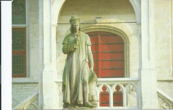 Beeld van Jacob van Maerlant (1235-1300) in Damme nabij Brugge