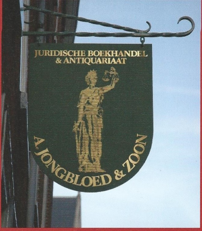 Uithangbord van Juridische boekhandel en antiquariaat A.Jongbloed en Zoon, Kloksteeg 4, Leiden
