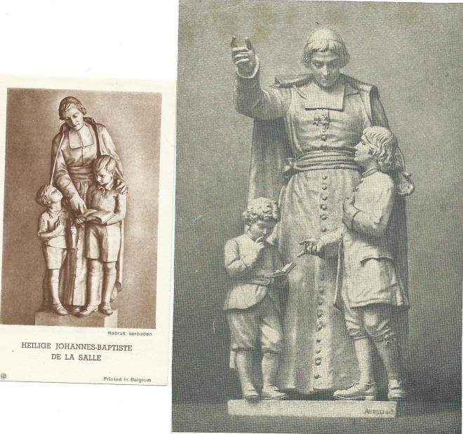 Jean-Baptiste de la Salle, pedagoog en congregatiestichter Broeders van de Christelijk Scholen. Links: beeld in België (Lembeek?); rechts: sculptuur in de Sint Peterskerk re Rome 