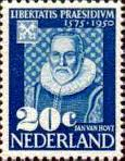 Jan van Hout (1542-1609) was behalve secretaris ook stadsarchivaris van Leiden. Postzegel uit 1950