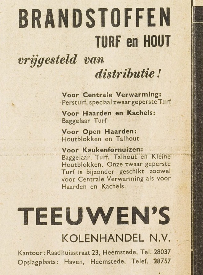 Advertentie van Teeuwen's Kolenhandel uit de Eerste Heemsteedsche Courant van 11 juli 1940.
