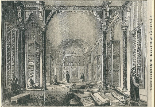 Ofschoon de stadsbibliotheek van Istanbul uit 1882 dateert, was er al eerder een min of meer openbare bibliotheek in Constaninopel. Houtgravure uit 1836