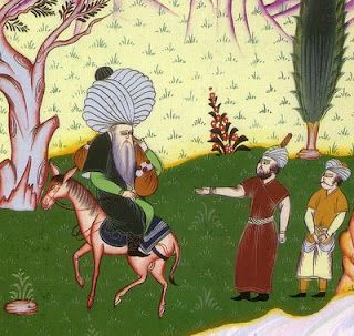 Nasreddind Hoca (ook gespeld als Nasrettin Hoca) was een legendarische islam-geestelijke uit de niddeleeuwen. Die, indien al heeft bestaan, leefde tussen circa 1218 en circa 1284. Hij was ook wijsgeer en staat in Turkije en eigenlijk de gehele islamitische wereld bekend om de verhalen en anekdoten rond zijn persoon. Deze miniatuur van Nasreddin op een ezel dateert uit de 17e eeuw en bevindt zich in het Topkapi museum te Istanbul