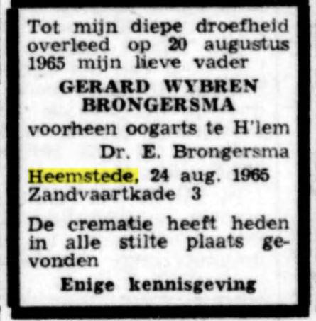 Overlijdensadvertentie G.W.Brongersma, vader van Edward Brongersma, in: De Tijd, de Maasbode van 24 augustus 1965