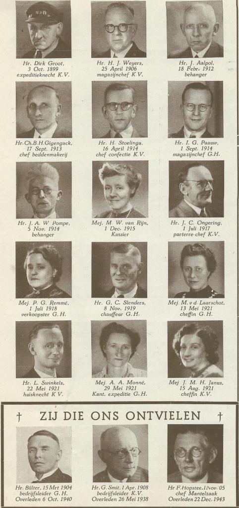 Bij het gouden jubileum van V&D Haarlem in 1946 zijn de pioniers niet vergeten. Velen waren 25, 40 of zelfs meer jaren in dienst van V&D.
